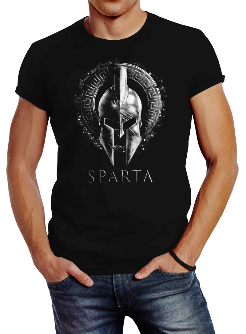 Herren T-Shirt Aufdruck Sparta Helm Krieger Warrior Printshirt T-Shirt Used Look Slim Fit Fashion Streetstyle