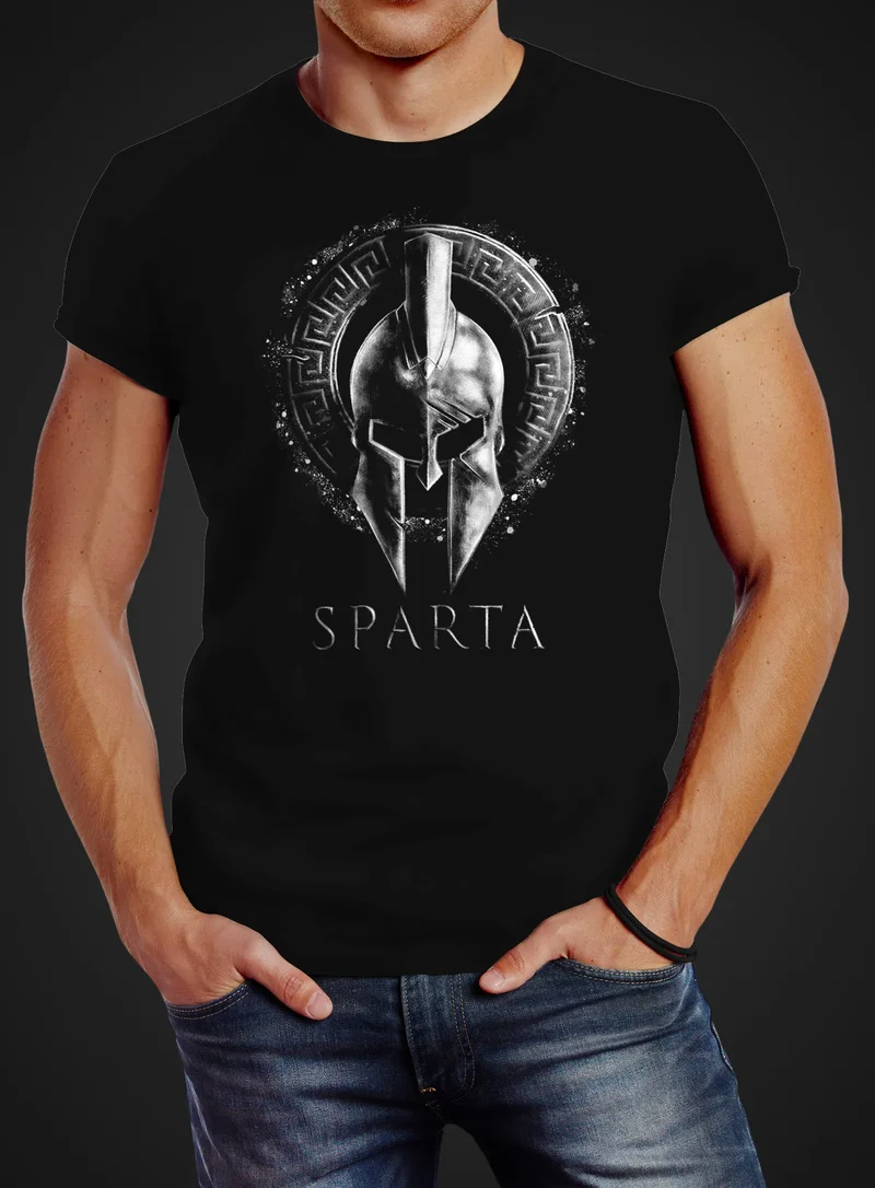 Herren T-Shirt Aufdruck Sparta Helm Krieger Warrior Printshirt T-Shirt Used Look Slim Fit Fashion Streetstyle