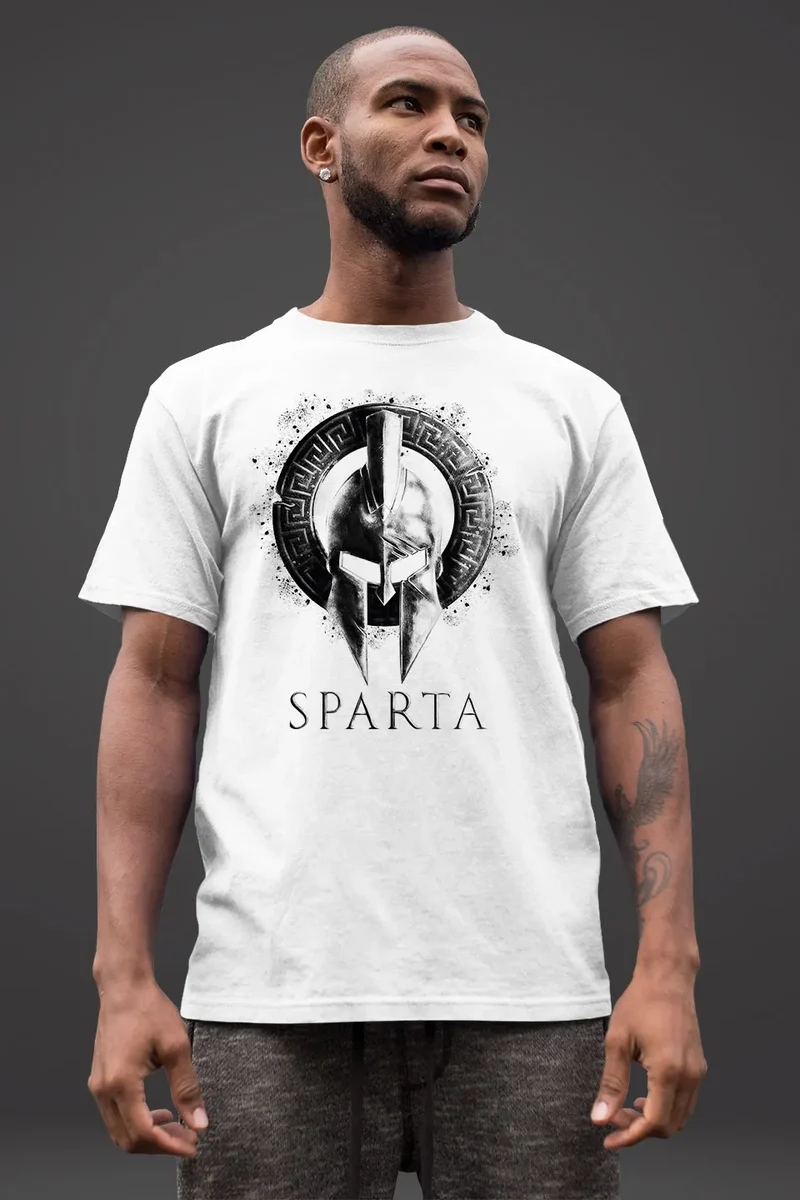Herren T-Shirt Aufdruck Sparta Helm Krieger Warrior Printshirt T-Shirt Used Look Slim Fit Fashion Streetstyle