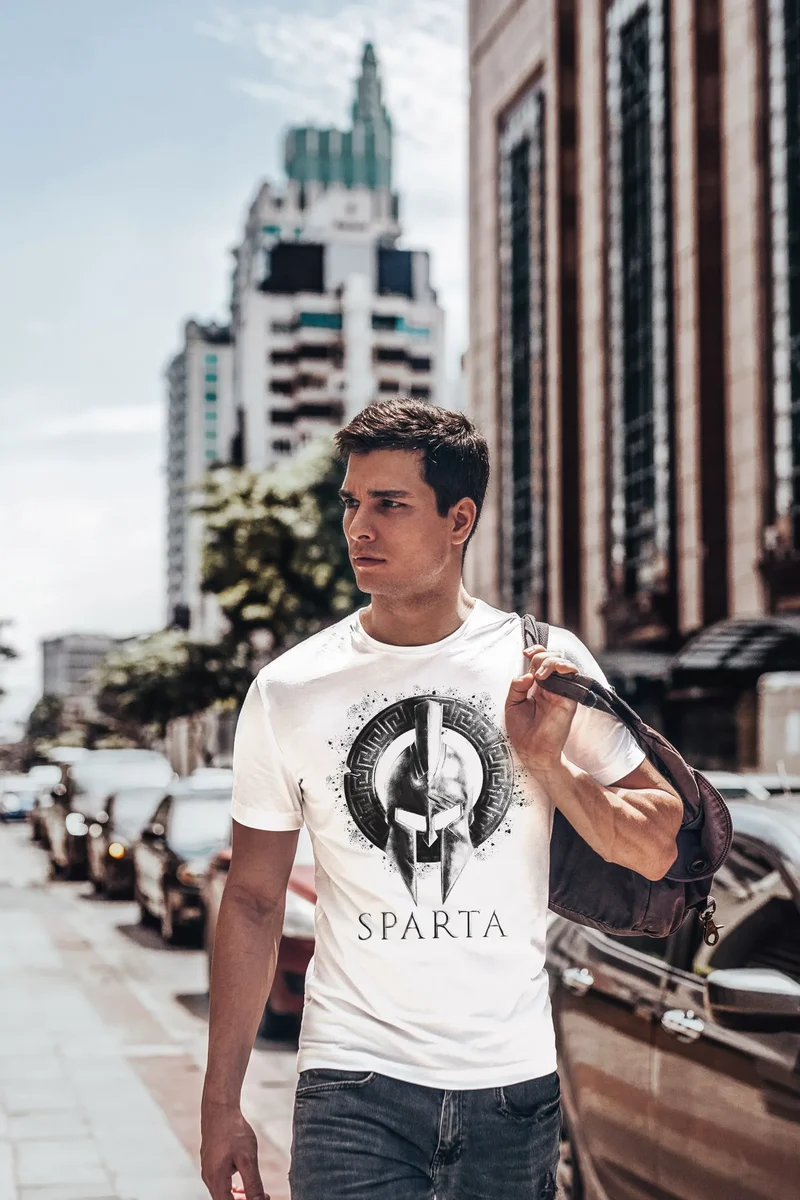 Herren T-Shirt Aufdruck Sparta Helm Krieger Warrior Printshirt T-Shirt Used Look Slim Fit Fashion Streetstyle