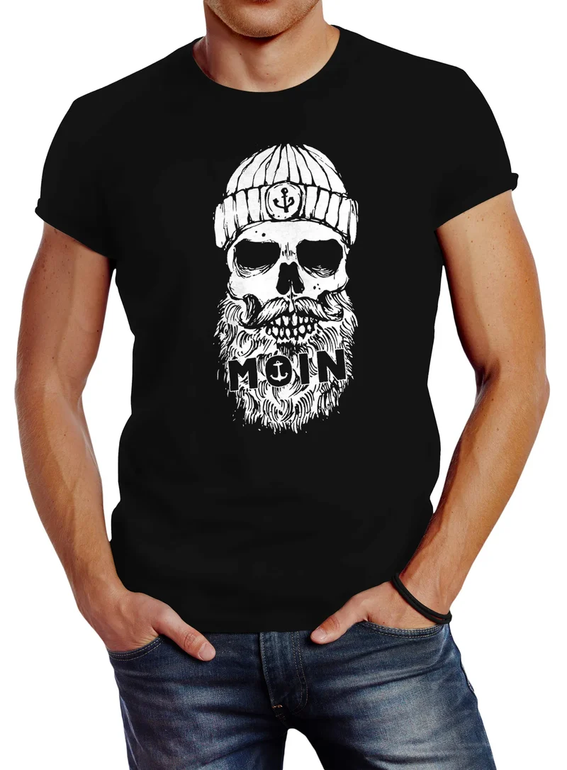 Herren T-Shirt Moin Totenkopf Anker Skull Print Motiv Bart