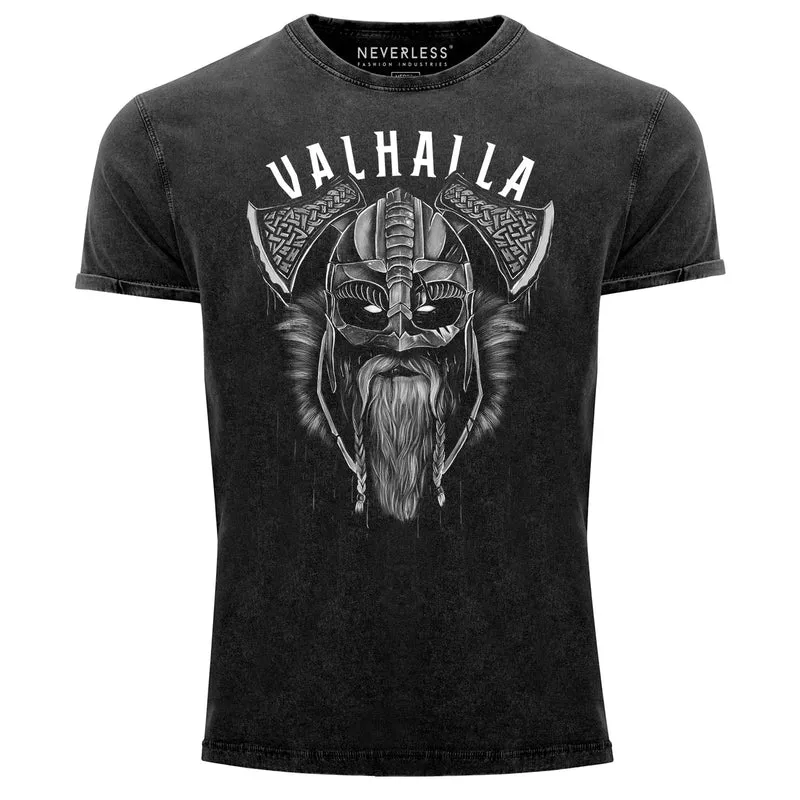 Herren Vintage Shirt Valhalla Wikinger Helm Viking Odin Krieger Printshirt T-Shirt Aufdruck Used Look Slim Fit