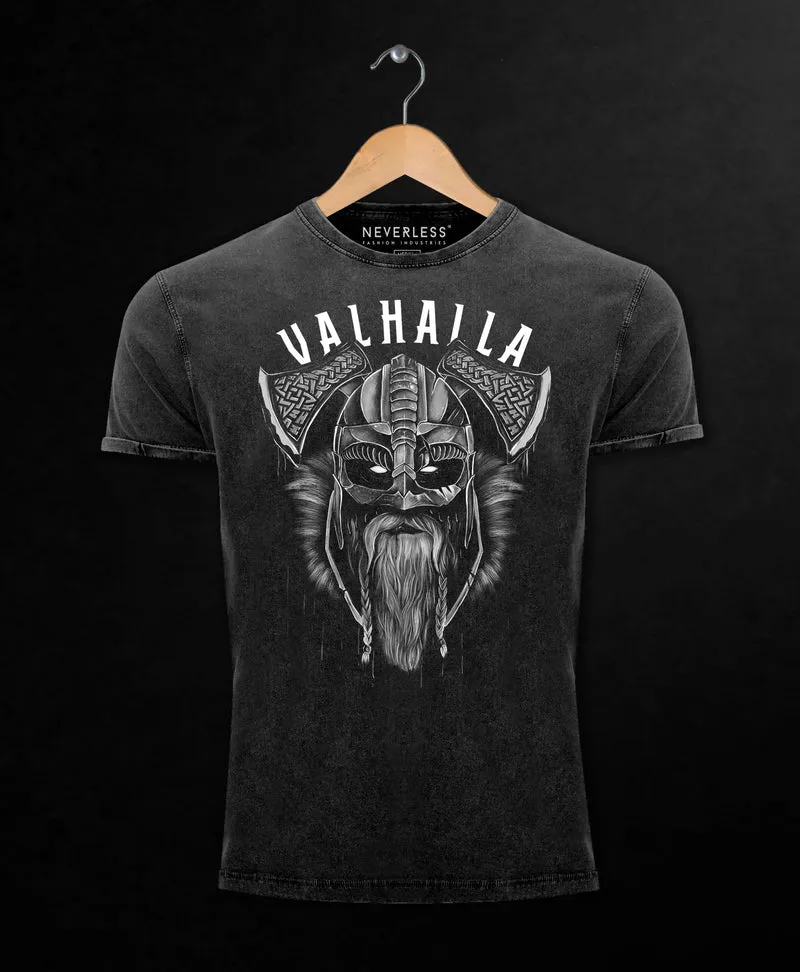 Herren Vintage Shirt Valhalla Wikinger Helm Viking Odin Krieger Printshirt T-Shirt Aufdruck Used Look Slim Fit