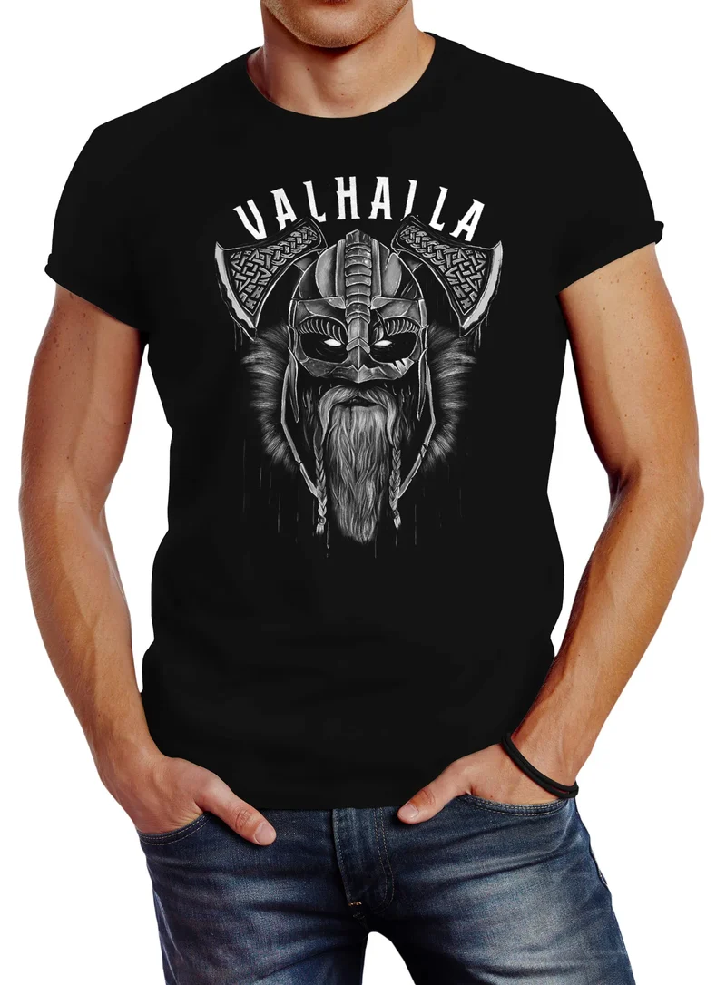 Herren T-Shirt Aufdruck Valhalla Wikinger Helm Viking Odin Krieger Printshirt Fashion Streetstyle