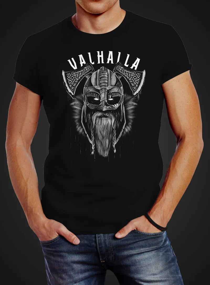 Herren T-Shirt Aufdruck Valhalla Wikinger Helm Viking Odin Krieger Printshirt Fashion Streetstyle