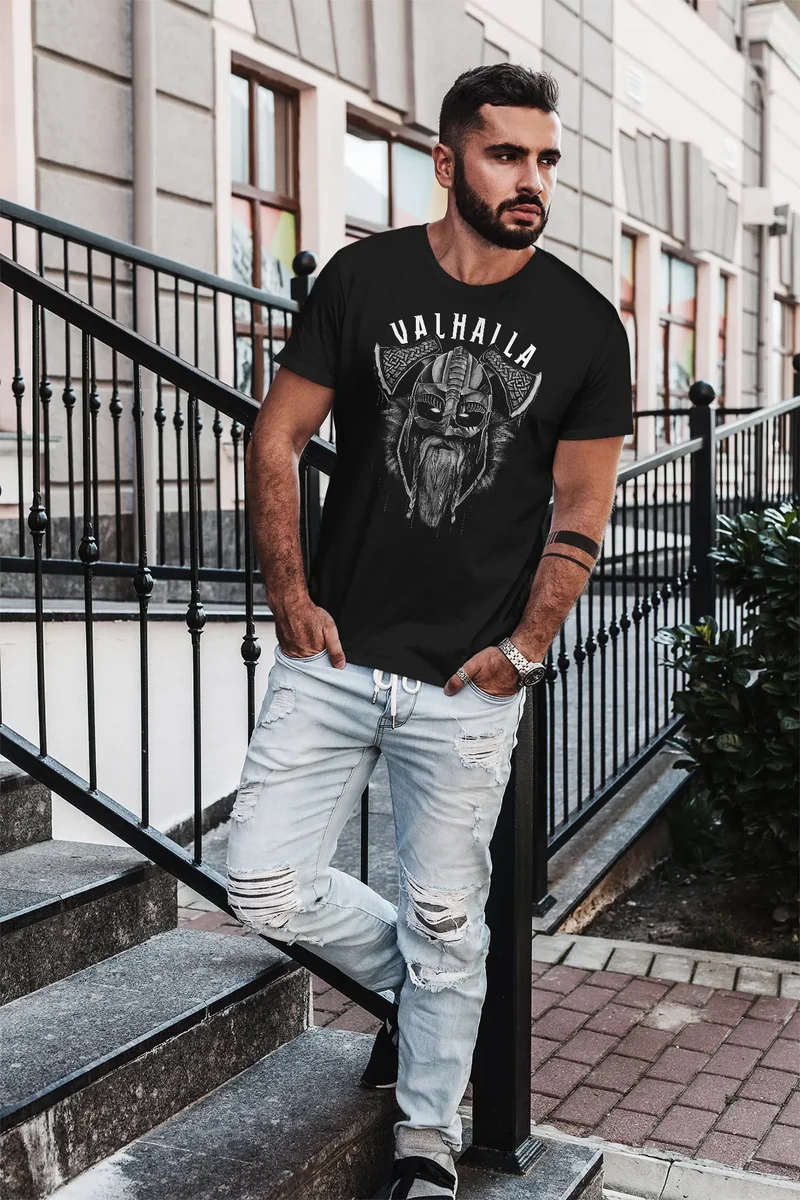 Herren T-Shirt Aufdruck Valhalla Wikinger Helm Viking Odin Krieger Printshirt Fashion Streetstyle