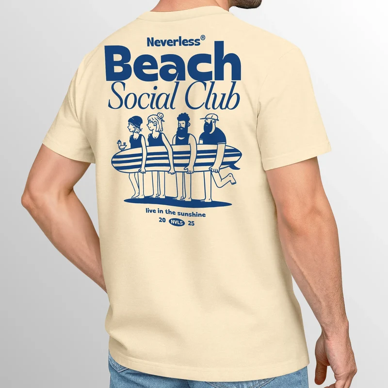Herren T-Shirt Backprint Beach Social Club Surfer Grafik Sommer-Slogan – Kurzarm Freizeitshirt aus Baumwolle Fashion Streetstyle