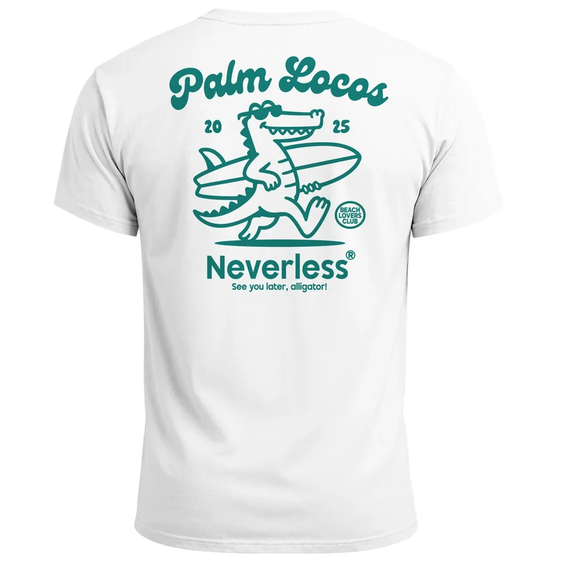 Herren T-Shirt Aufschrift Palm Locos Lustiges Surfshirt Alligator Rückendruck Kurzarm Baumwollshirt im Retro Look Baumwolle