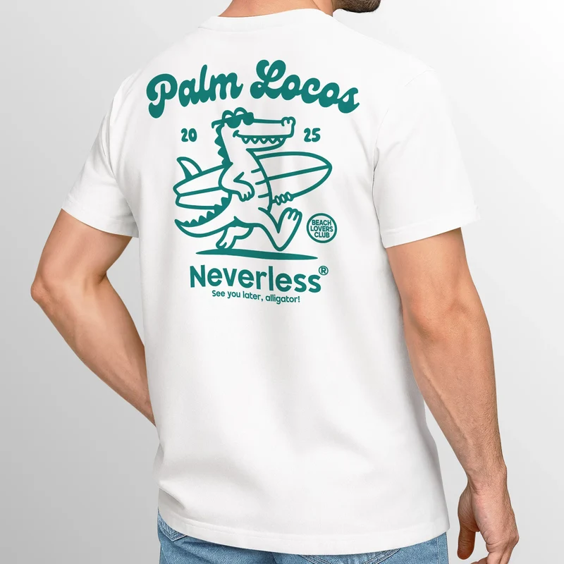 Herren T-Shirt Aufschrift Palm Locos Lustiges Surfshirt Alligator Rückendruck Kurzarm Baumwollshirt im Retro Look Baumwolle