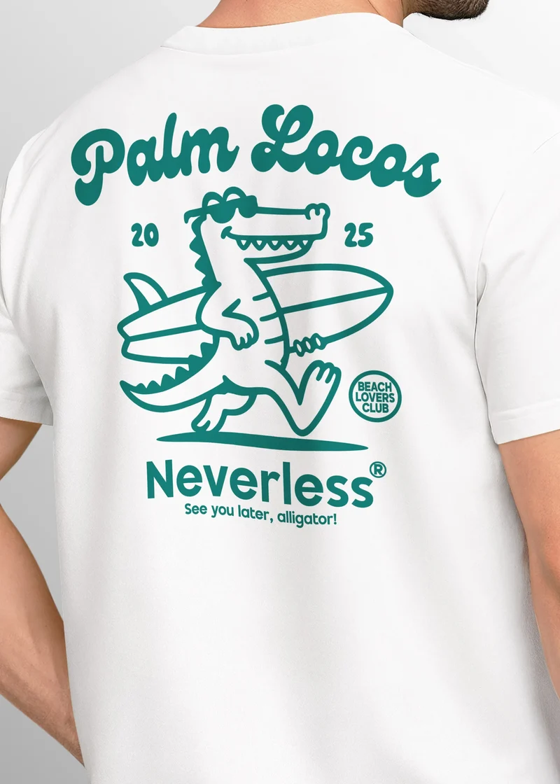 Herren T-Shirt Aufschrift Palm Locos Lustiges Surfshirt Alligator Rückendruck Kurzarm Baumwollshirt im Retro Look Baumwolle