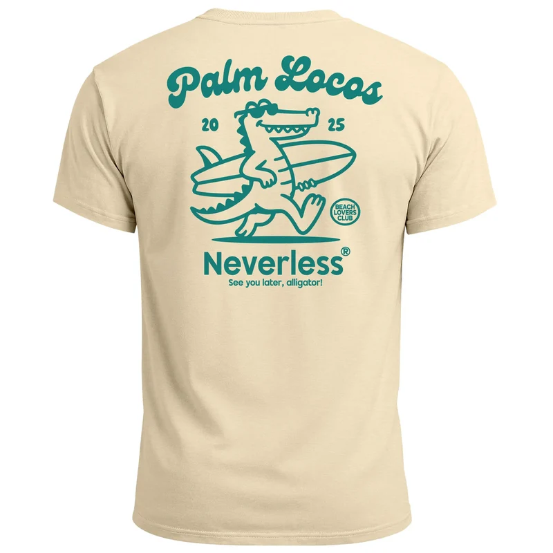 Herren T-Shirt Aufschrift Palm Locos Lustiges Surfshirt Alligator Rückendruck Kurzarm Baumwollshirt im Retro Look Baumwolle