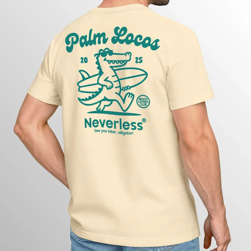 Herren T-Shirt Aufschrift Palm Locos Lustiges Surfshirt Alligator Rückendruck Kurzarm Baumwollshirt im Retro Look Baumwolle