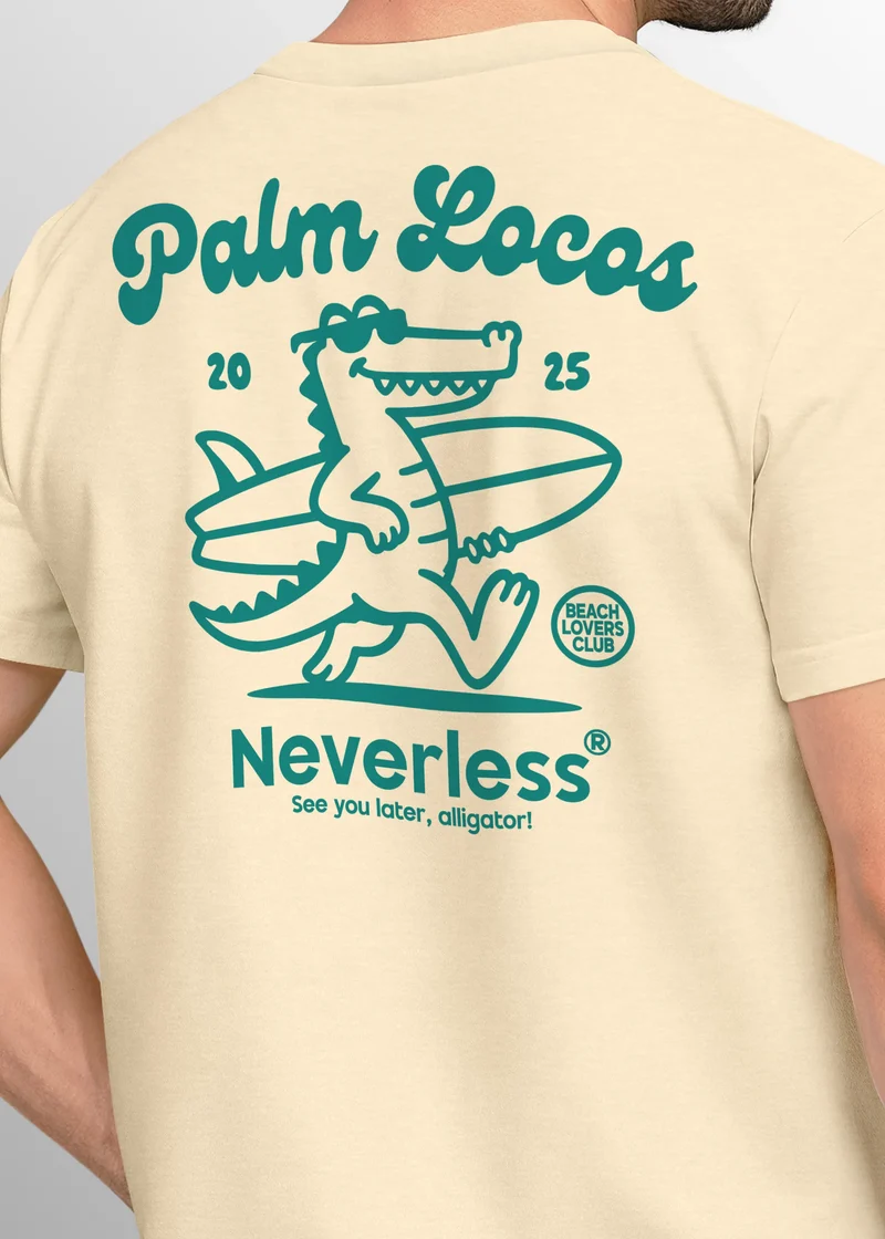 Herren T-Shirt Aufschrift Palm Locos Lustiges Surfshirt Alligator Rückendruck Kurzarm Baumwollshirt im Retro Look Baumwolle