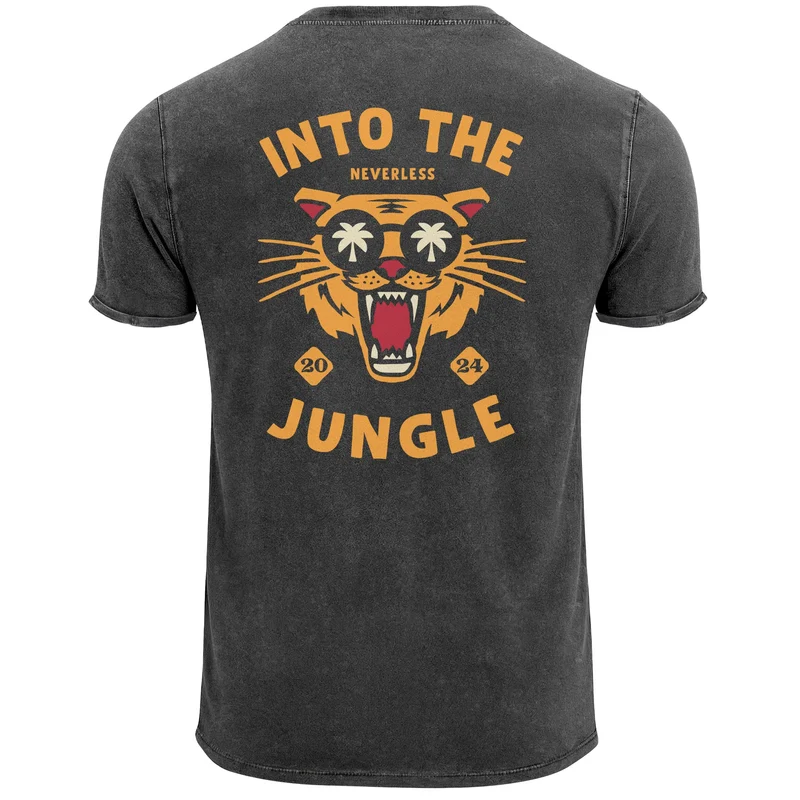 Herren Vintage T-Shirt Backprint Into the Jungle – Tiger Rückendruck Printshirt Fashion Streetstyle Used Look – Baumwolle