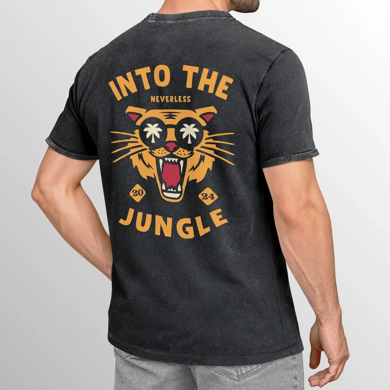 Herren Vintage T-Shirt Backprint Into the Jungle – Tiger Rückendruck Printshirt Fashion Streetstyle Used Look – Baumwolle