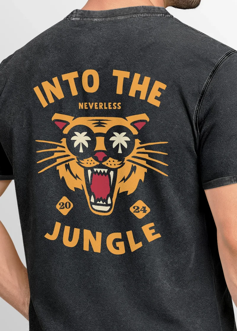 Herren Vintage T-Shirt Backprint Into the Jungle – Tiger Rückendruck Printshirt Fashion Streetstyle Used Look – Baumwolle