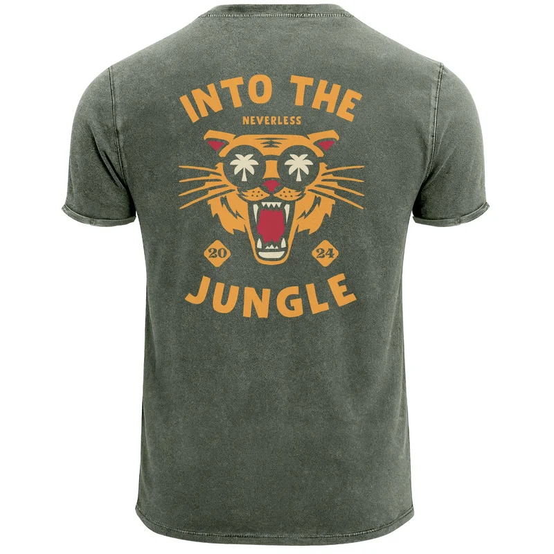 Herren Vintage T-Shirt Backprint Into the Jungle – Tiger Rückendruck Printshirt Fashion Streetstyle Used Look – Baumwolle