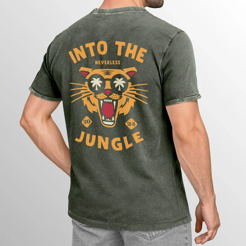 Herren Vintage T-Shirt Backprint Into the Jungle – Tiger Rückendruck Printshirt Fashion Streetstyle Used Look – Baumwolle