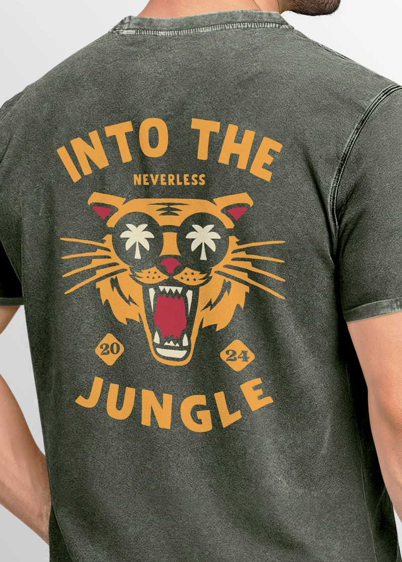 Herren Vintage T-Shirt Backprint Into the Jungle – Tiger Rückendruck Printshirt Fashion Streetstyle Used Look – Baumwolle