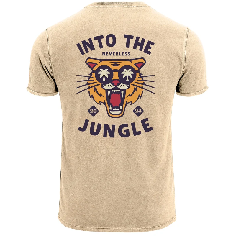 Herren Vintage T-Shirt Backprint Into the Jungle – Tiger Rückendruck Printshirt Fashion Streetstyle Used Look – Baumwolle