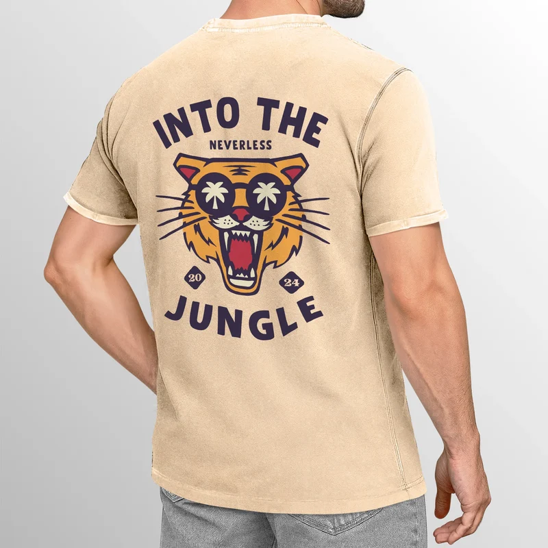 Herren Vintage T-Shirt Backprint Into the Jungle – Tiger Rückendruck Printshirt Fashion Streetstyle Used Look – Baumwolle