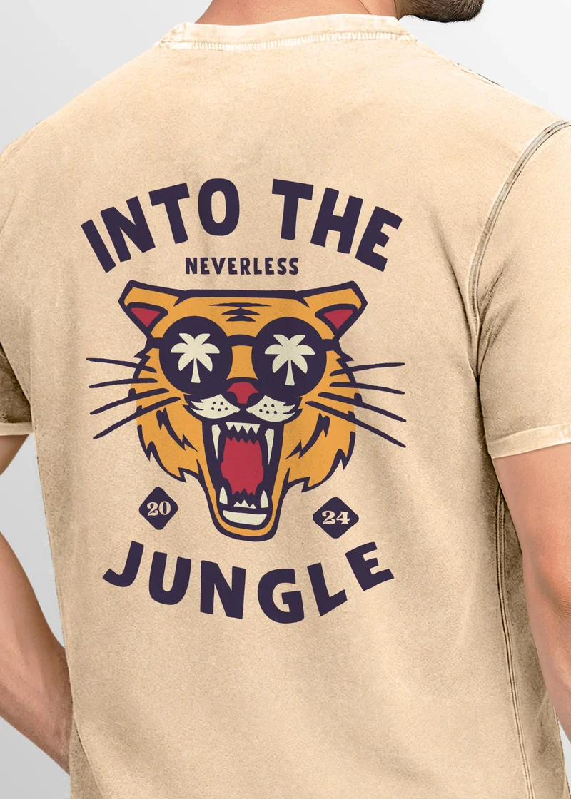 Herren Vintage T-Shirt Backprint Into the Jungle – Tiger Rückendruck Printshirt Fashion Streetstyle Used Look – Baumwolle