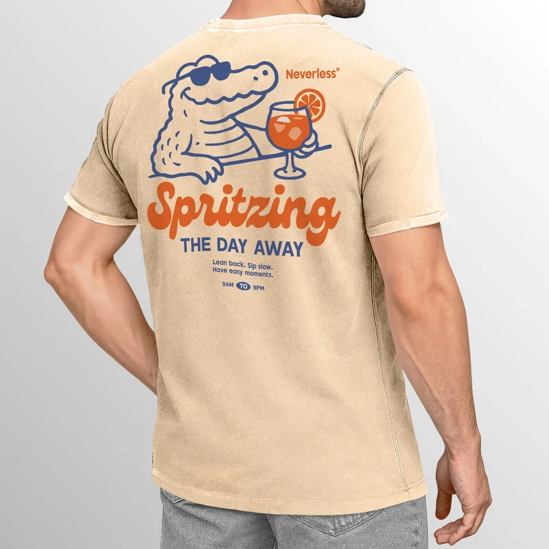 Herren Vintage T-Shirt Backprint Spritzing the day away Alligator Retro Design Aufdruck Used Look