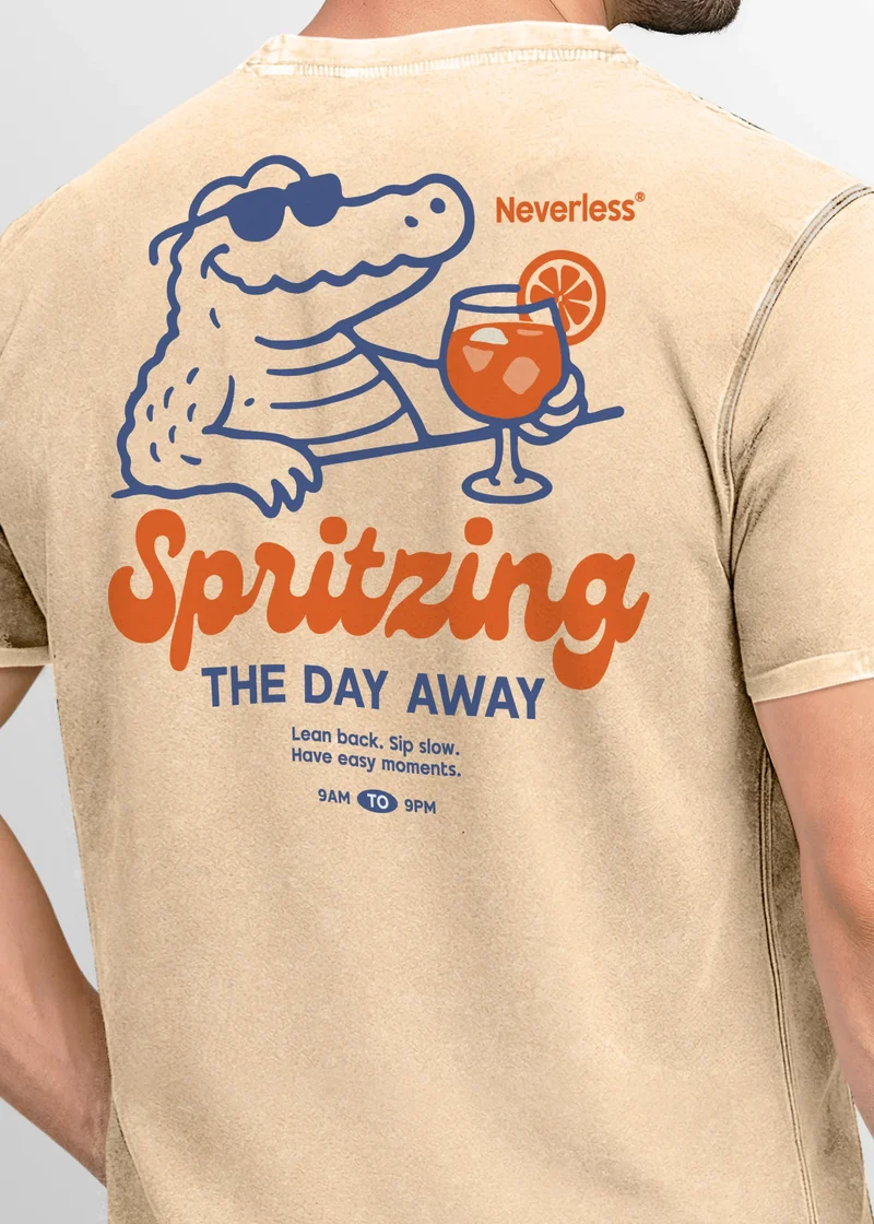 Herren Vintage T-Shirt Backprint Spritzing the day away Alligator Retro Design Aufdruck Used Look