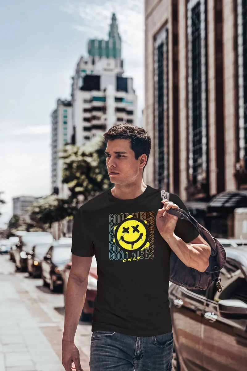 Herren T-Shirt Smiling Face Good Vibes Print Aufdruck Bedruckt Teachwear Fashion Streetstyle