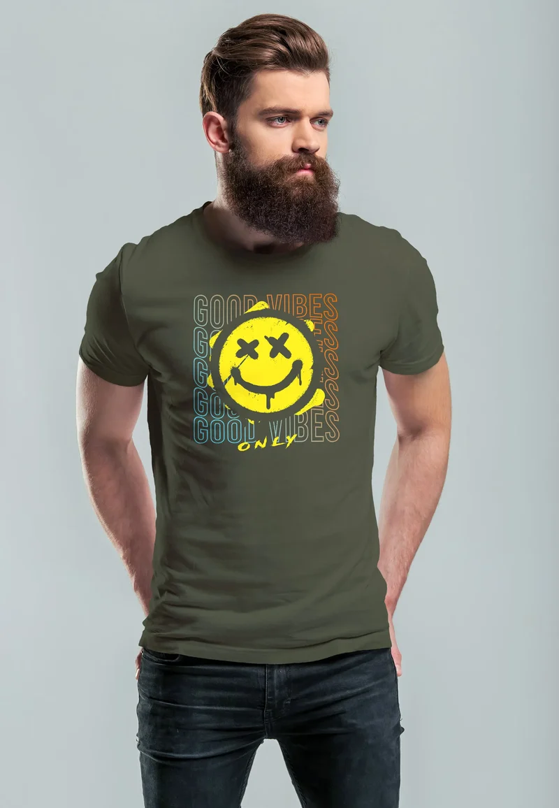 Herren T-Shirt Smiling Face Good Vibes Print Aufdruck Bedruckt Teachwear Fashion Streetstyle