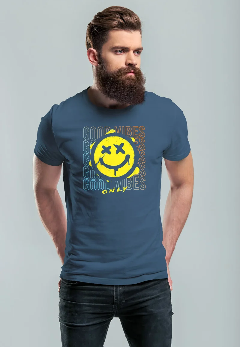 Herren T-Shirt Smiling Face Good Vibes Print Aufdruck Bedruckt Teachwear Fashion Streetstyle