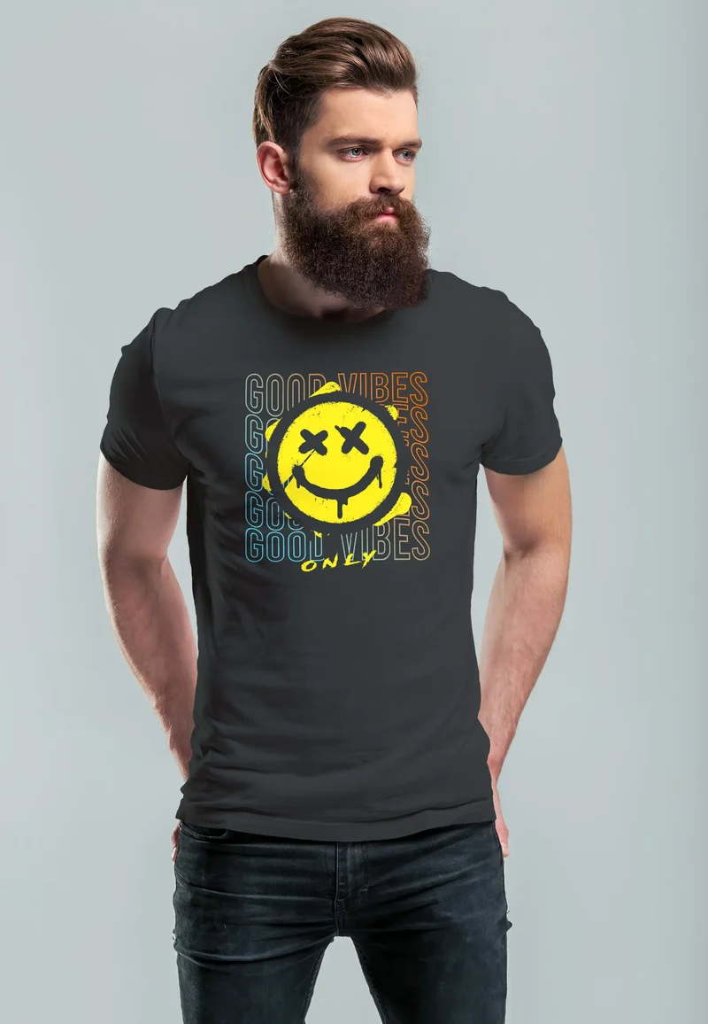 Herren T-Shirt Smiling Face Good Vibes Print Aufdruck Bedruckt Teachwear Fashion Streetstyle