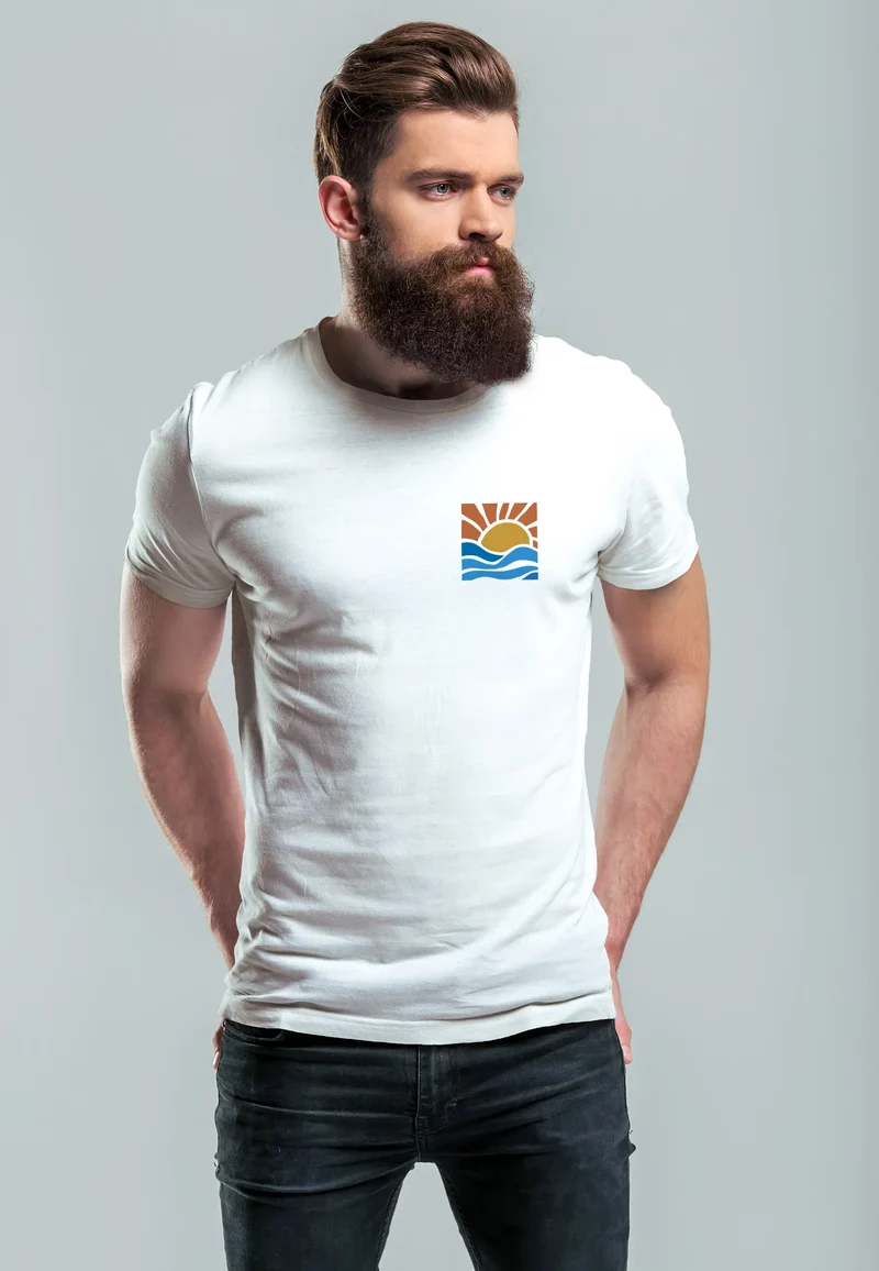 Herren T-Shirt Logo Print Sommer Sonne Welle Strand Beach Style Fashion Streetstyle