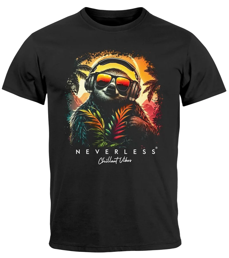 Herren T-Shirt Musik DJ Chill Faultier Print Aufdruck Relax Sommer Fashion Streetstyle