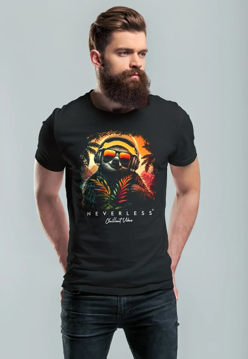Herren T-Shirt Musik DJ Chill Faultier Print Aufdruck Relax Sommer Fashion Streetstyle