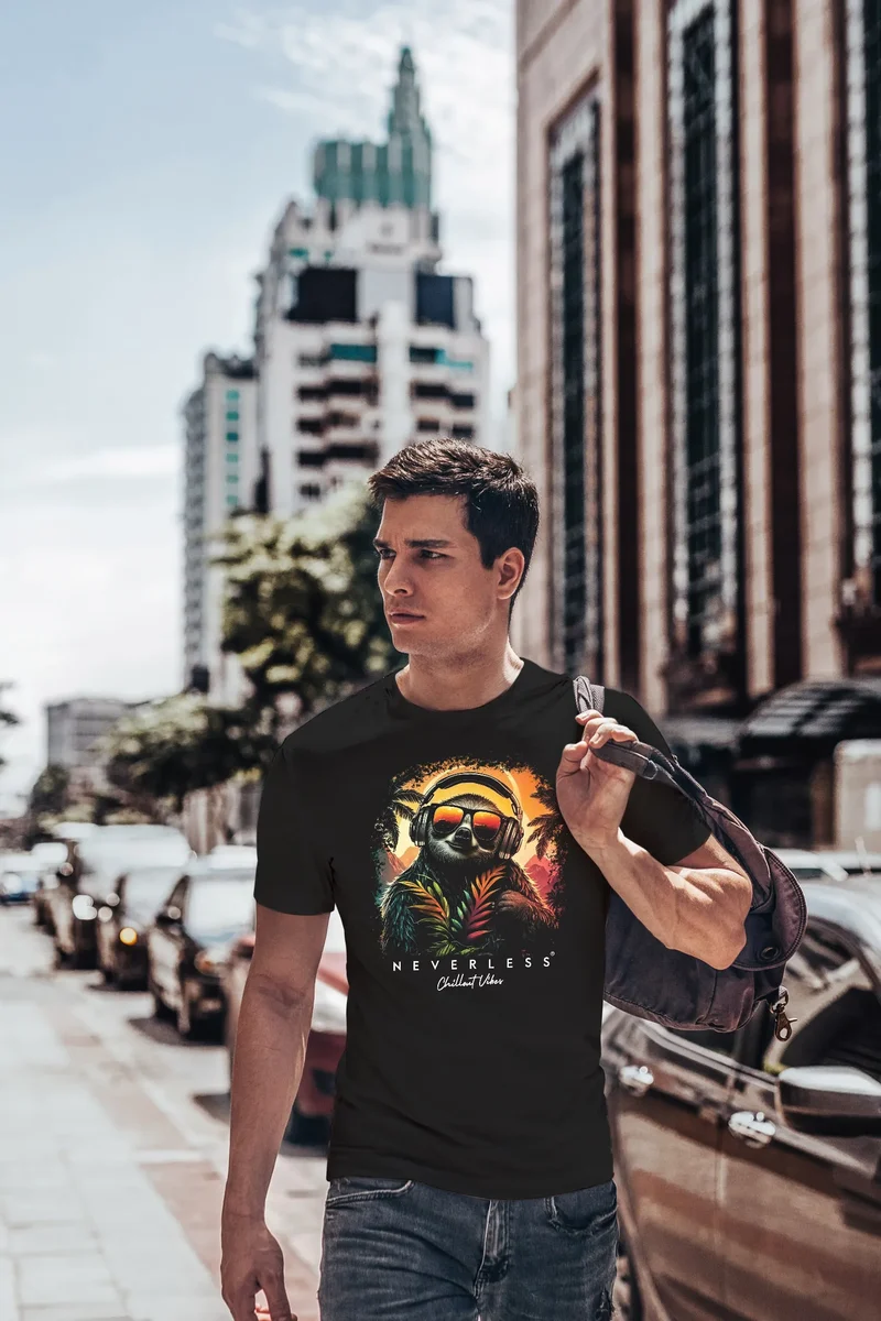 Herren T-Shirt Musik DJ Chill Faultier Print Aufdruck Relax Sommer Fashion Streetstyle