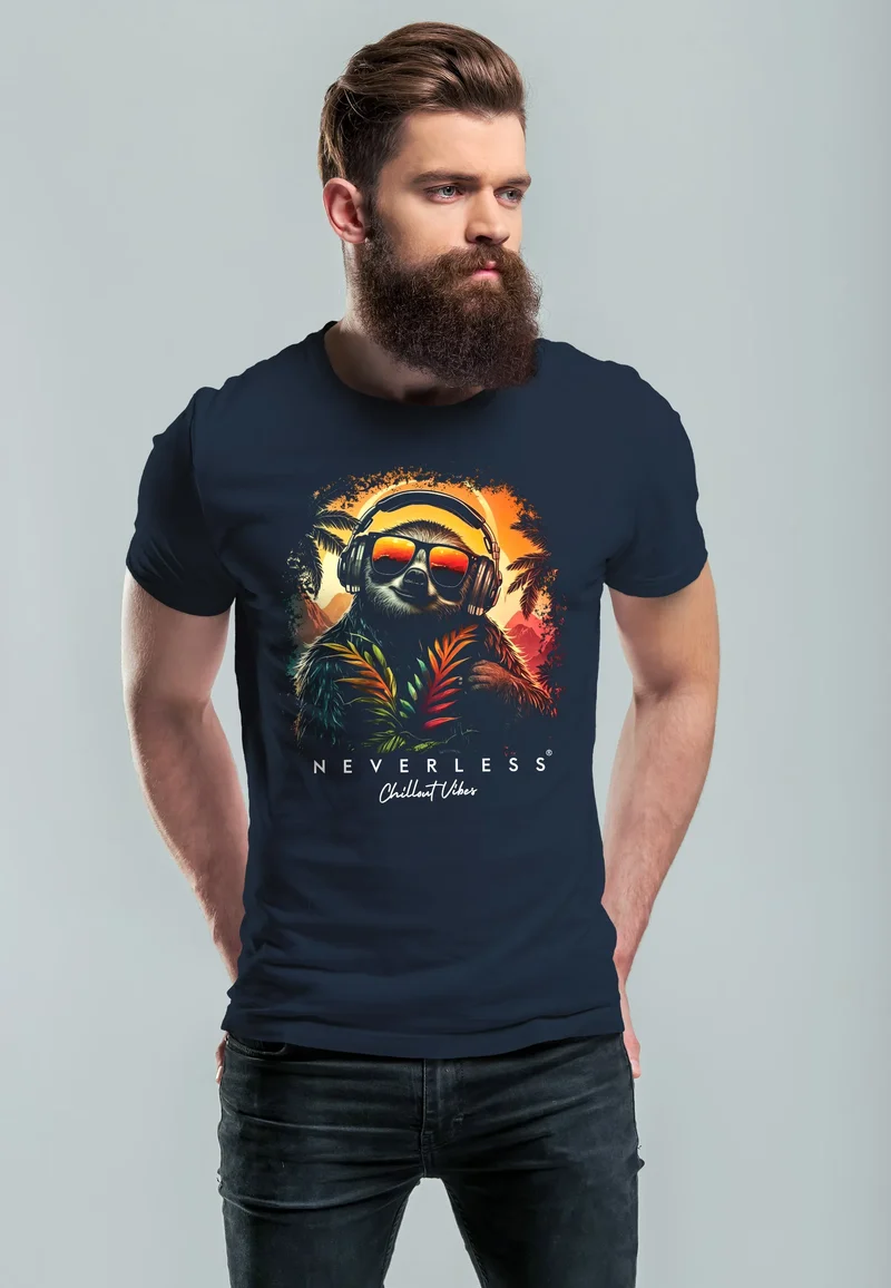Herren T-Shirt Musik DJ Chill Faultier Print Aufdruck Relax Sommer Fashion Streetstyle