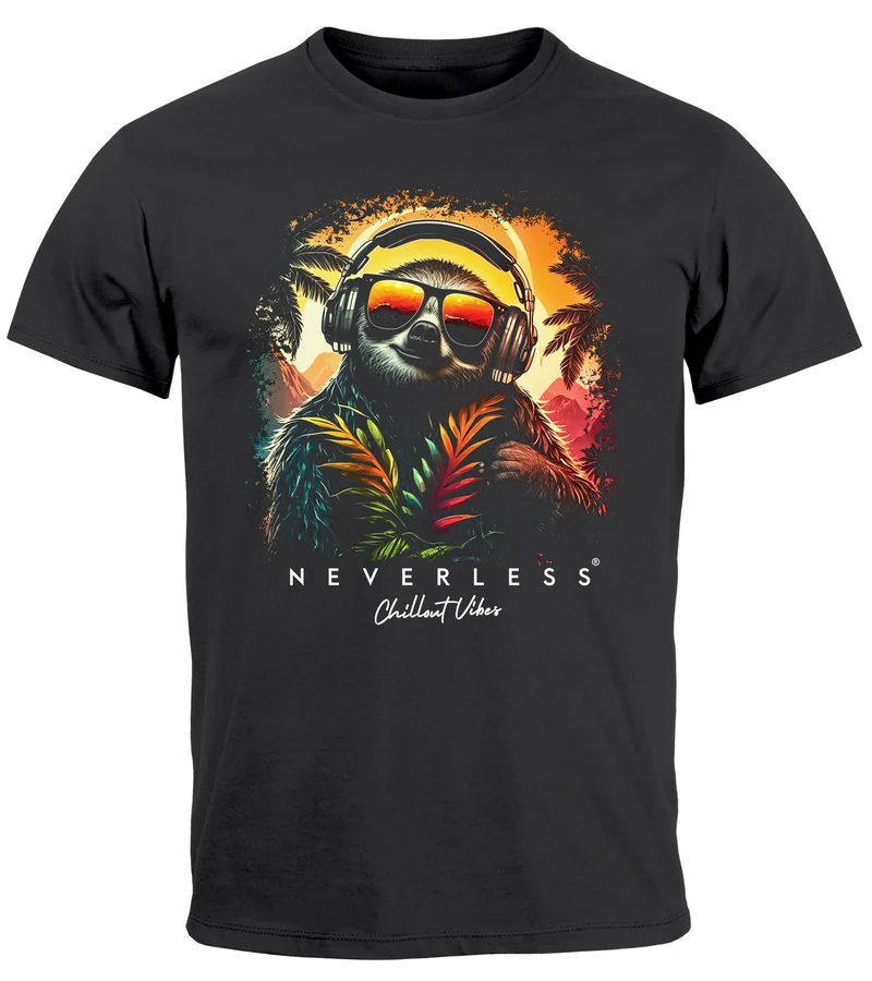 Herren T-Shirt Musik DJ Chill Faultier Print Aufdruck Relax Sommer Fashion Streetstyle
