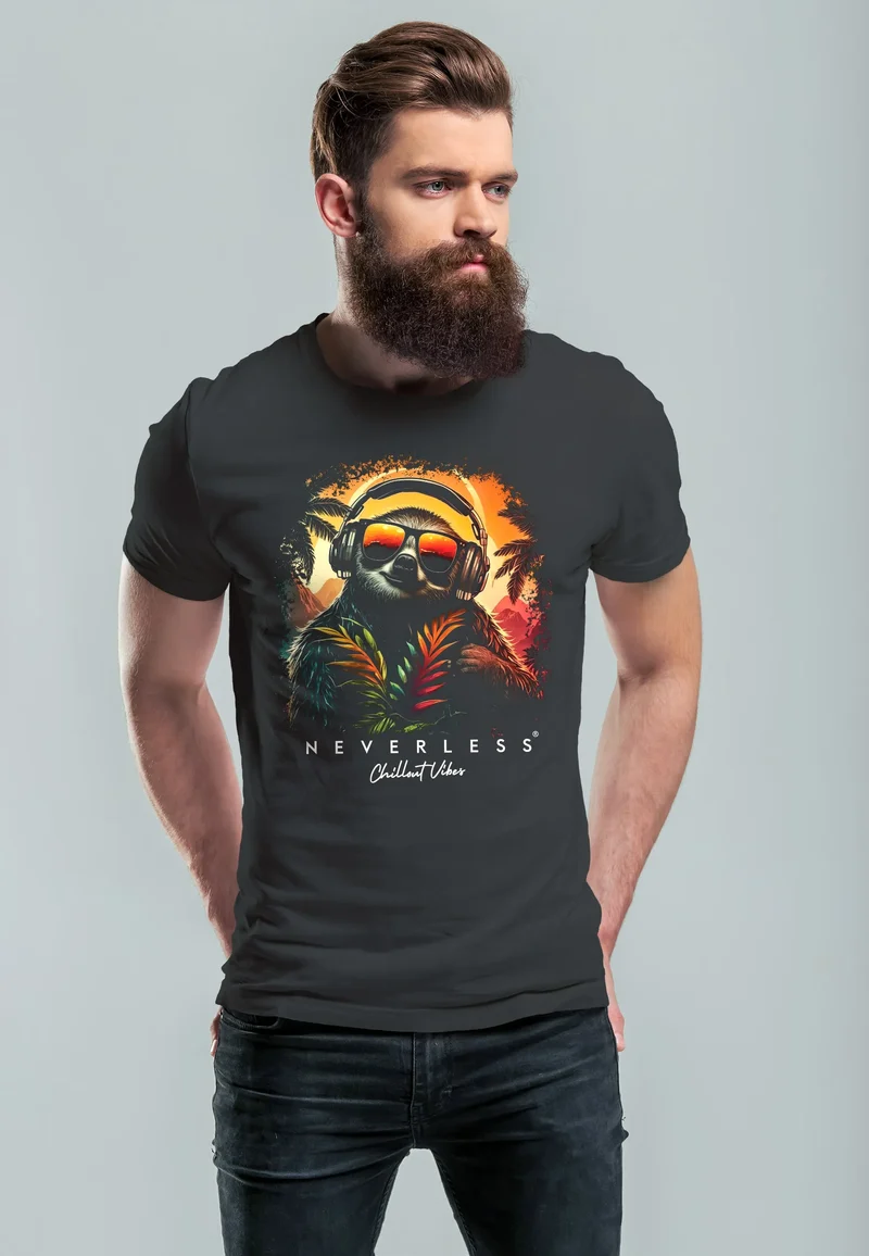 Herren T-Shirt Musik DJ Chill Faultier Print Aufdruck Relax Sommer Fashion Streetstyle