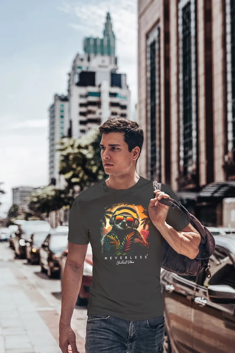 Herren T-Shirt Musik DJ Chill Faultier Print Aufdruck Relax Sommer Fashion Streetstyle
