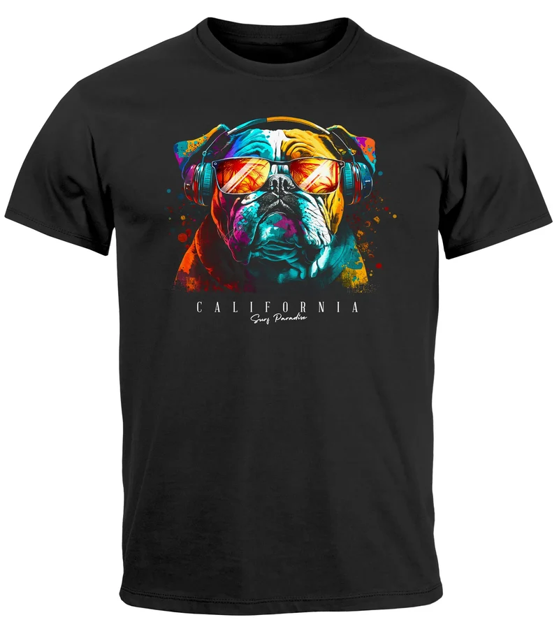 Herren T-Shirt Print California Bulldog Musik Kunst Motiv DJ Fashion Aufdruck Streetstyle