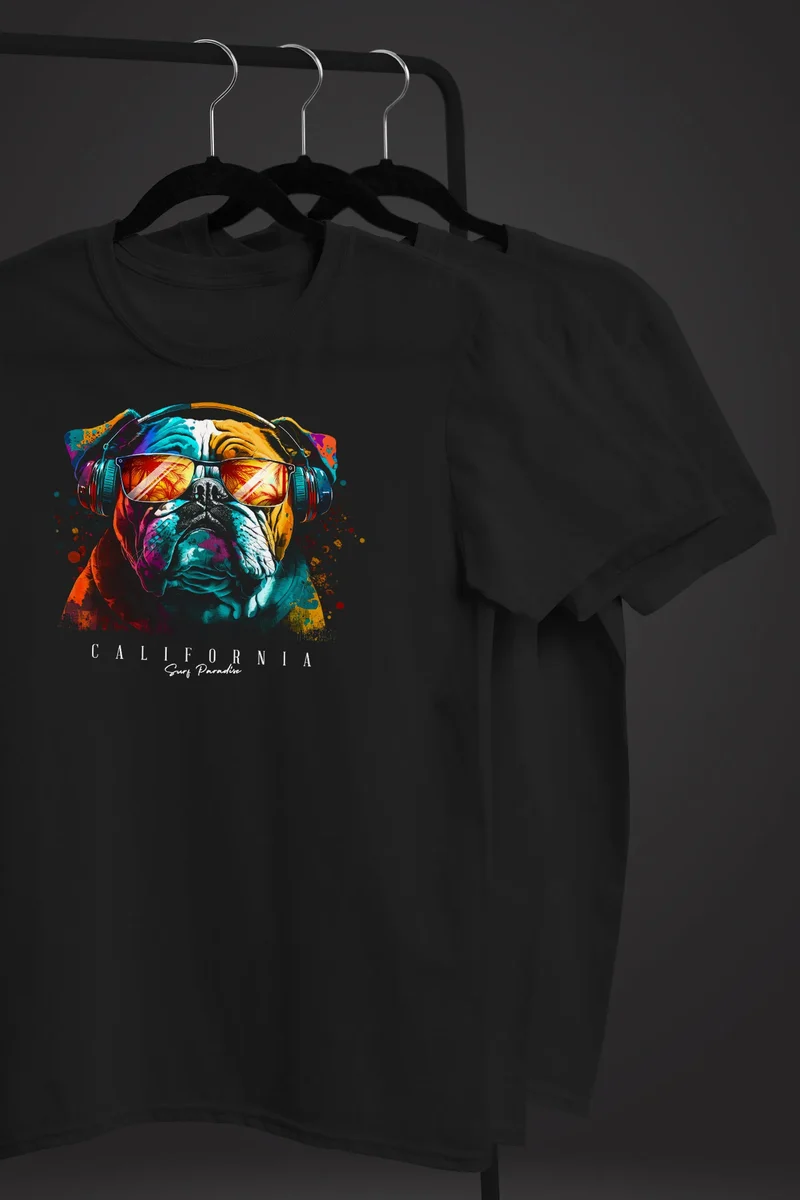 Herren T-Shirt Print California Bulldog Musik Kunst Motiv DJ Fashion Aufdruck Streetstyle
