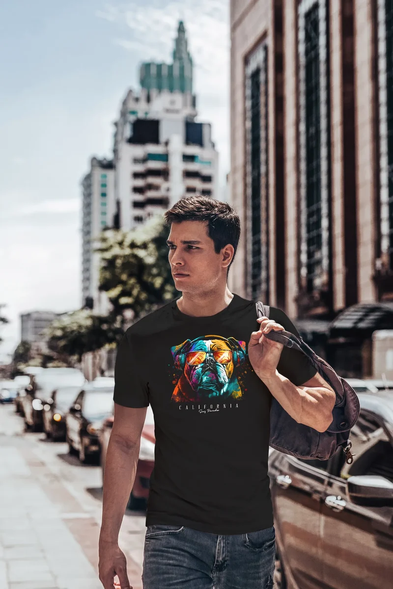 Herren T-Shirt Print California Bulldog Musik Kunst Motiv DJ Fashion Aufdruck Streetstyle