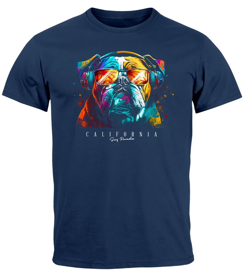 Herren T-Shirt Print California Bulldog Musik Kunst Motiv DJ Fashion Aufdruck Streetstyle