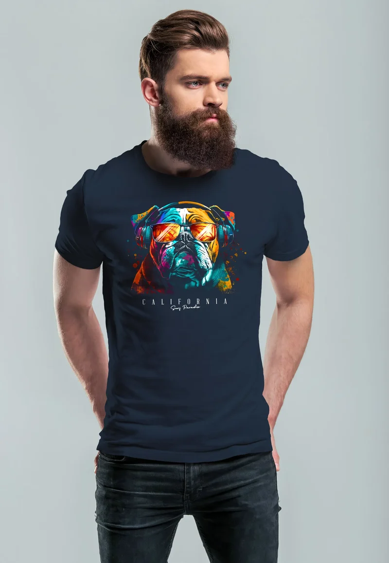 Herren T-Shirt Print California Bulldog Musik Kunst Motiv DJ Fashion Aufdruck Streetstyle