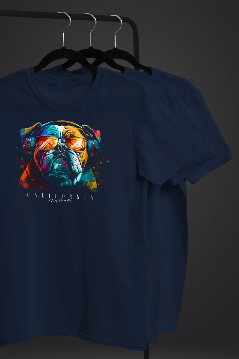 Herren T-Shirt Print California Bulldog Musik Kunst Motiv DJ Fashion Aufdruck Streetstyle
