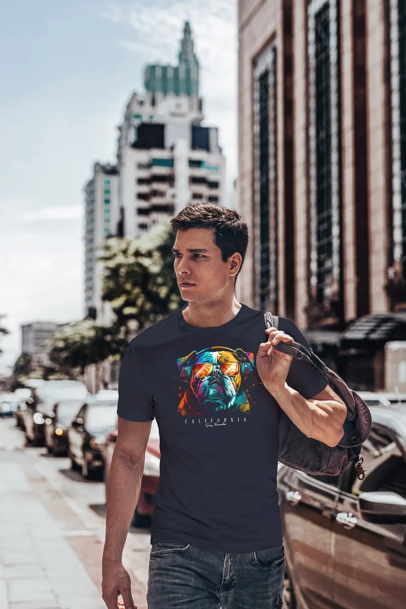 Herren T-Shirt Print California Bulldog Musik Kunst Motiv DJ Fashion Aufdruck Streetstyle