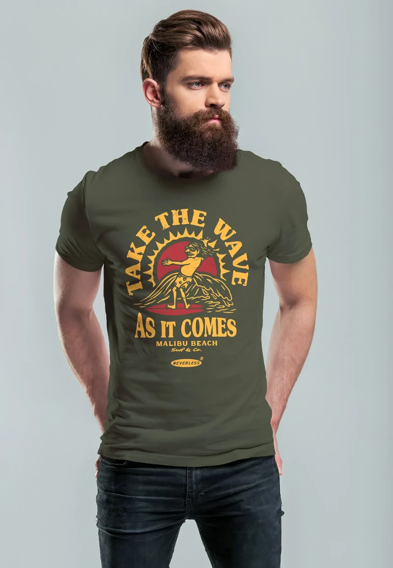 Herren T-Shirt Surfer Spruch Take the Wave Welle Surfing Fashion Streetstyle Sommer