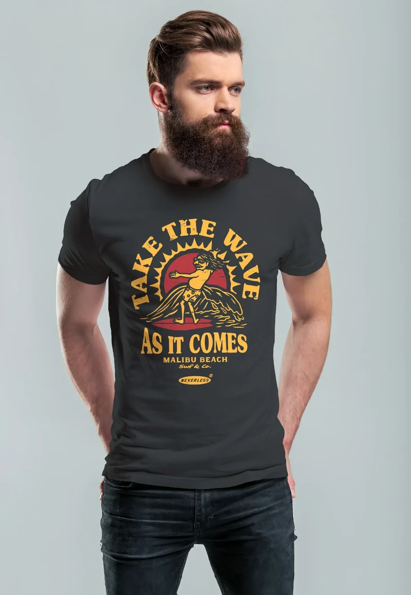 Herren T-Shirt Surfer Spruch Take the Wave Welle Surfing Fashion Streetstyle Sommer