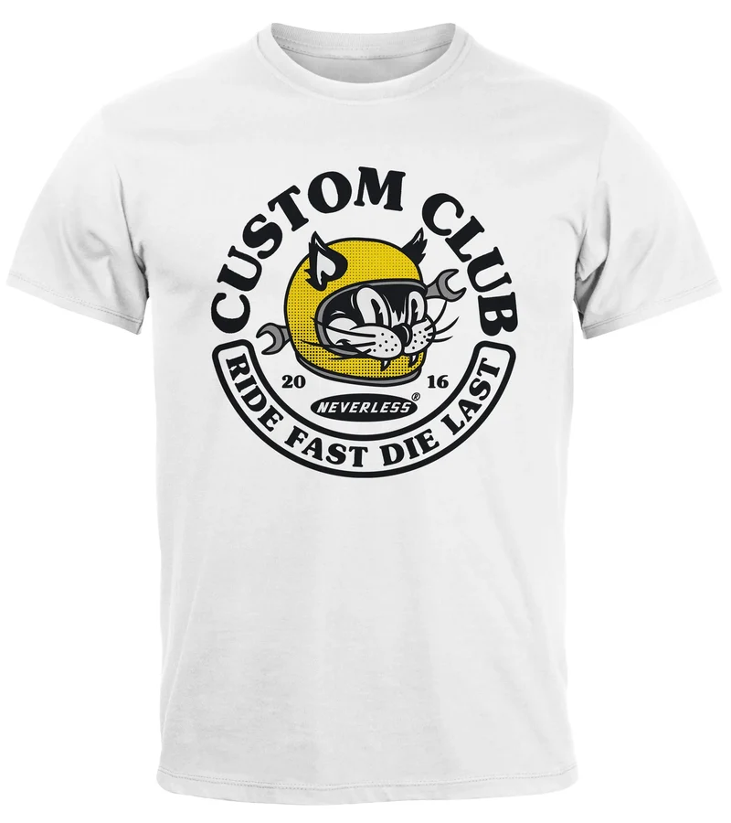 Herren T-Shirt Biker Motiv Racing Cat Schriftzug Ride Fast Die Last Fashion Streetstyle